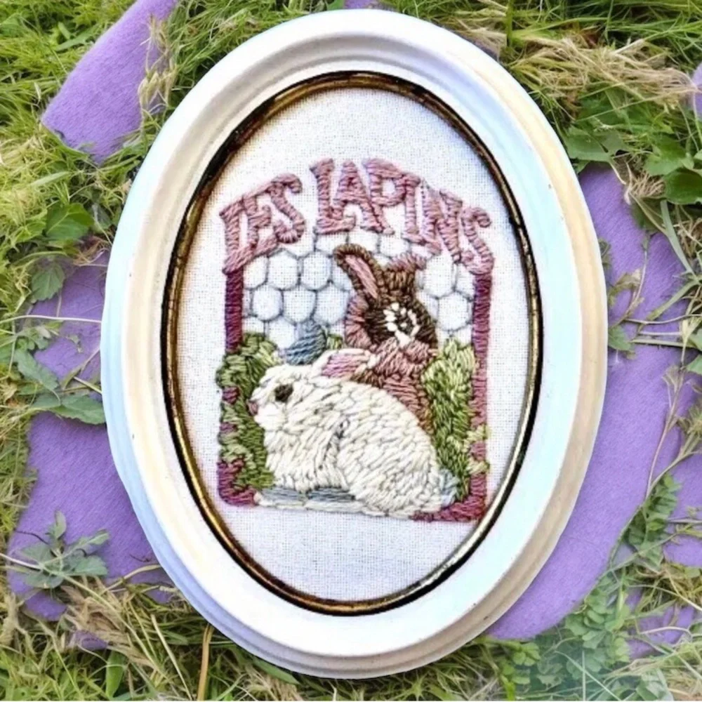 Vintage Long Needlepoint Bunny Rabbits Easter Wall Art Framed